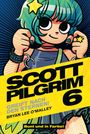 "SCOTT PILGRIM 6", "GREIFT NACH DEN STERNEN!", "BRYAN LEE O'MALLEY", "Bunt und in Farbe!" Ein Charakter mit blauen Haaren.