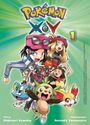 "Pokémon X•Y", 1. Illustrative Szene mit Charakteren und Pokémon auf grünem Hintergrund. Story: Hidenori Kusaka, Zeichnungen: Satoshi Yamamoto.