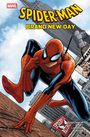 "SPIDER-MAN BRAND NEW DAY" in gelber Schrift. Illustration von Spider-Man an einer Gebäude-Fassade in der Stadt.