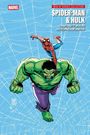 „WEB OF HEROES COLLECTION: SPIDER-MAN & HULK“. Eine Illustration von Spider-Man auf Hulk, vor einem blauen Netz-Hintergrund.
