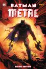 "BATMAN METAL DELUXE EDITION" in großer Schrift. Batman thront mit blutigen Waffen vor flammendem Hintergrund.