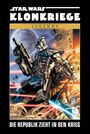"Star Wars Klonkriege", "Legends", "Die Republik zieht in den Krieg". Illustration von Kämpfern vor einer zerstörten Umgebung.