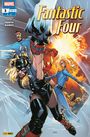 „Fantastic Four“ in großer, gelber Schrift. Dynamische Superhelden in Aktion: ein flammender, ein dehnbarer und ein unsichtbarer Held.