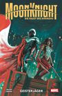 "MOON KNIGHT: DIE FAUST DES KHONSHU" zeigt einen Helden in Rüstung mit Kapuze und Stäben neben einer Frau in moderner Rüstung.