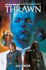 STAR WARS THRAWN ALLIANZEN. Eine Illustration mit Thrawn, Darth Vader, einem jungen Mann und einer Frau mit Waffe.