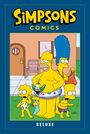 "Simpsons Comics Deluxe" steht oben. Eine Illustration zeigt die Simpsons-Familie in Badekleidung im Garten.