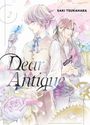 "Dear Antique", "Saki Tsukahara", "2". Zwei gezeichnete Figuren, eine mit Roboterhand, sanfte Farben, Blumen, Vogel, Zahnräder.