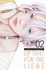 "02 Nana Kusunoki Lip Tint für die Liebe." Illustration: Androgynes Gesicht mit hellem Haar und blauen Augen, Kettenhalsband.
