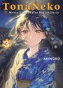 "TonaNeko: Meine katzenhafte Mitschülerin", Zahl 3, Akinoko. Illustration eines Mädchens im Kimono, mit Blumen im Haar, nachts.
