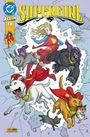 „SUPERGIRL“ in großen Buchstaben. Supergirl fliegt durch zerbrochenes Glas, umgeben von Tieren in Capes.