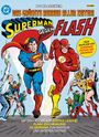 "Das größte Rennen aller Zeiten" zeigt Superman und Flash im Wettlauf. Heldengruppe jubelt, darunter Wonder Woman und Batman.
