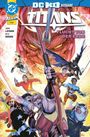 DC KIDS AUSGABE, TITANS, FLUCHT VON DER ERDE. Comic-Stil mit Helden in dynamischen Posen vor einem bedrohlichen Gesicht.