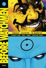 BEFORE WATCHMEN, Namen: Comedian, Silk Spectre, Dr. Manhattan. Illustration: grinsendes Gesicht mit Zigarre, blaues Gesicht.