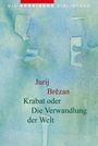 "Jurij Brězan, Krabat oder Die Verwandlung der Welt", blass blaue Hintergrundgestaltung mit abstrakten Formen.