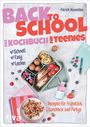 Text: Back to School - Das Kochbuch für Teenies. Schnell, Easy, Lecker. Rezepte für Frühstück, Lunchbox und Partys.   
Ein Lunchbox-Arrangement mit Lunchbox, Früchten, Notizbuch und Smoothie.