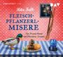 Text: "UNGEKÜRZT 7 CDs, Rita Falk, FLEISCHPFLANZERL-MISERE, Ein Provinzkrimi mit Christian Tramitz." Eine Ente, Fleischgericht, Breze, Lampe auf blau-weiß kariertem Tischtuch.