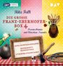 Texte: "Rita Falk", "Die große Franz-Eberhofer-Box 4", "Provinzkrimis", "Guglhupfgeschwader", "Rehragout-Rendezvous", "Steckerlfischfiasko". Farbige Hintergrundfelder, Hirschkopf mit Rose im Maul, Flasche, Bombe, Axt, Fische.