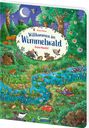 Aufschrift: "Willkommen im Wimmelwald, Gute Nacht!" Märchenhafte Waldszene mit Tieren, Bäumen, einem Fluss und Leuchtlaternen.