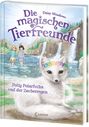 "Die magischen Tierfreunde", "Polly Polarfuchs und der Zauberregen". Illustration mit Polarfuchs vor Wasserfall und zwei Kindern.