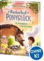 „Reiterhof Ponyglück“ und „OHNE KI“ in einem Kreis. Illustration: Kinder mit Polizeipferd im Grünen.