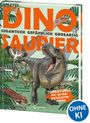 „Dinosaurier: Gigantisch, gefährlich, großartig“ steht in großen Buchstaben. Illustration mit verschiedenen Dinosauriern.