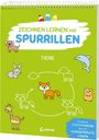 Text: "ZEICHNEN LERNEN mit SPURRILLEN TIERE". Illustrationen von Tieren auf grünem Hintergrund.