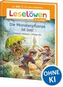 "Die Monsterpflanze ist los!" Zwei Kinder fliehen vor einer riesigen, bedrohlichen Pflanze in einem farbenfrohen Comic-Stil.