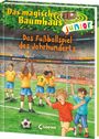 Text: Das magische Baumhaus junior. Das Fußballspiel des Jahrhunderts. Mary Pope Osborne. Zwei jubelnde Jungs auf einem Fußballfeld.