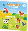 „Stickerspaß für kleine Hände“ und „Bauernhof“ stehen auf einem Kinderbuch mit Bauernhof-Stickern.