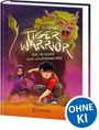 Buchtitel: "Tiger Warrior - Die Legende vom Löwendrachen" von M. Chan. Ein Junge und ein Mädchen in Kampfhaltung, großes Löwenwesen im Hintergrund. Links unten ist ein rundes blaues Logo mit "OHNE KI".