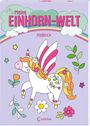 "Meine EINHORN-WELT Malblock." Ein lächelndes Einhorn mit Flügeln, umgeben von Blumen und einem Regenbogen.