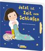„Jetzt ist Zeit zum Schlafen“, illustriert von Ania Simeone. Kind mit Decke und Hund vor blauem Hintergrund mit Sternen.