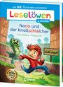 "Leselöwen 2. Klasse: Nano und der Knallschleicher. Karl Olsberg, Philipp Ach. Ein Junge rennt vor einer grünen Kreatur."
