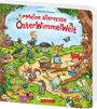 Titel: "Meine allererste OsterWimmelWelt". Illustration mit Tieren, die Ostereier in einem bunten Frühlingsgarten suchen.