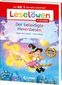 Kinderbuch-Cover mit fliegender Hexe auf leuchtendem Besen über märchenhaftem Schloss, "Leselöwen" und andere Texte.