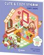 Buchtitel: "CUTE & COZY STICKER COMFY SHOPS". Illustration von Tieren in einem gemütlichen Laden mit Stickern.