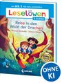 Text: "Leselöwen", "Reise in den Wald der Drachen". Illustration von zwei Kindern auf einem bunten Drachen in einem Wald.