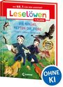 Text: "Leselöwen 1. Klasse", "Die Ninjas retten die Tiere", "OHNE KI". Illustration: Zwei Ninjas mit Tieren im Wald.