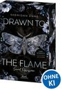 "Drawn to the Flame: Secret Obsession" steht in blauen Lettern. Dunkles Cover, Motten-Illustration, Blumenmuster, Badge: "OHNE KI".