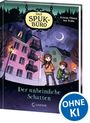 "Das Spukbüro. Der unheimliche Schatten." Zwei Kinder vor bunten Häusern unter einem Nachthimmel mit Mond. Illustration.