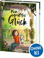 „Mein größtes Glück“, „OHNE KI“. Ein Mädchen mit einem Hund auf einer Veranda, umgeben von Pflanzen.