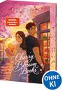 „Cherry Blossom Books“ und „Spiegel Bestseller-Autorin“. Illustration: Ein Paar unter Kirschblüten vor einem Buchladen.