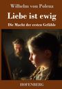 "Liebe ist ewig. Die Macht der ersten Gefühle." Gemälde von einem Mann mit Bart und einem Mädchen mit Zöpfen in Nahaufnahme.