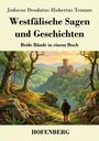 Titel: "Westfälische Sagen und Geschichten". Illustration: Wanderer auf Pfad, im Hintergrund Burg auf Hügeln.