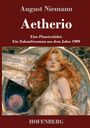 "Aetherio" von August Niemann, ein Zukunftsroman aus 1909. Unter einem rötlichen Himmel eine Frau mit wilden, roten Haaren.