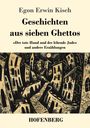 "Egon Erwin Kisch, Geschichten aus sieben Ghettos, Der tote Hund und der lebende Jude. Illustration von schiefen Gebäuden."