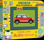 "Tut, Tut! Mein Schiebebuch. Lass uns Auto fahren! Illustration mit rotem Auto und bunten Motiven auf gelbem Hintergrund."