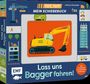„Tut, Tut! Mein Schiebebuch“, „Lass uns Bagger fahren!“. Illustration eines gelben Baggers auf orangefarbenem Hintergrund.
