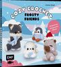 „Cozy Crochet Frosty Friends“ bietet gehäkelte Winterfiguren, darunter Tiere in einem verschneiten Landschaftsdesign.
