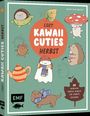 Buchtitel: "Cozy Kawaii Cuties Herbst". Bunte, niedliche Herbstfiguren wie Pilze, Igel und eine Teekanne als Illustration.